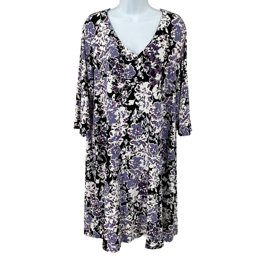 J. Jill Dress Womens XL Purple Floral V-Neck 3/4 Sleeve Wearever Classic Boho
